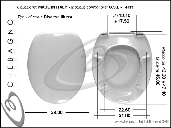 Copriwater G.S.I. X2 Originale Termoindurente Bianco - Avvolgente, Cerniera Inox Con Chiusura Soft Close, 445x345 Mm