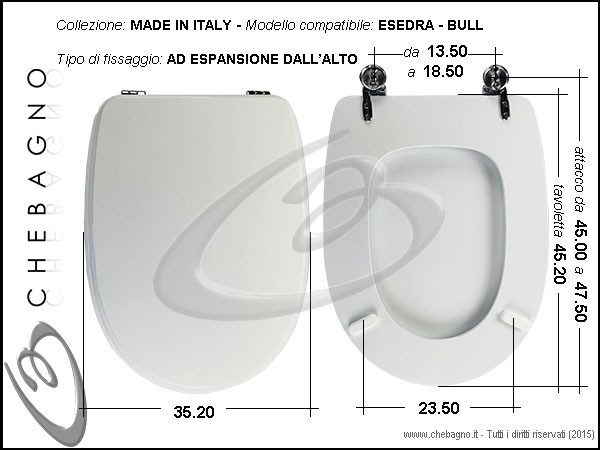 Copriwater Per ESEDRA BULL 500 In Termoindurente Bianco, Cerniera Inox Normale O Soft Close, Made In Italy